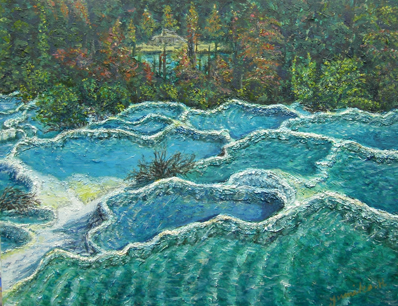 ゆみちゃんの作品　九寨溝の風景の油彩画