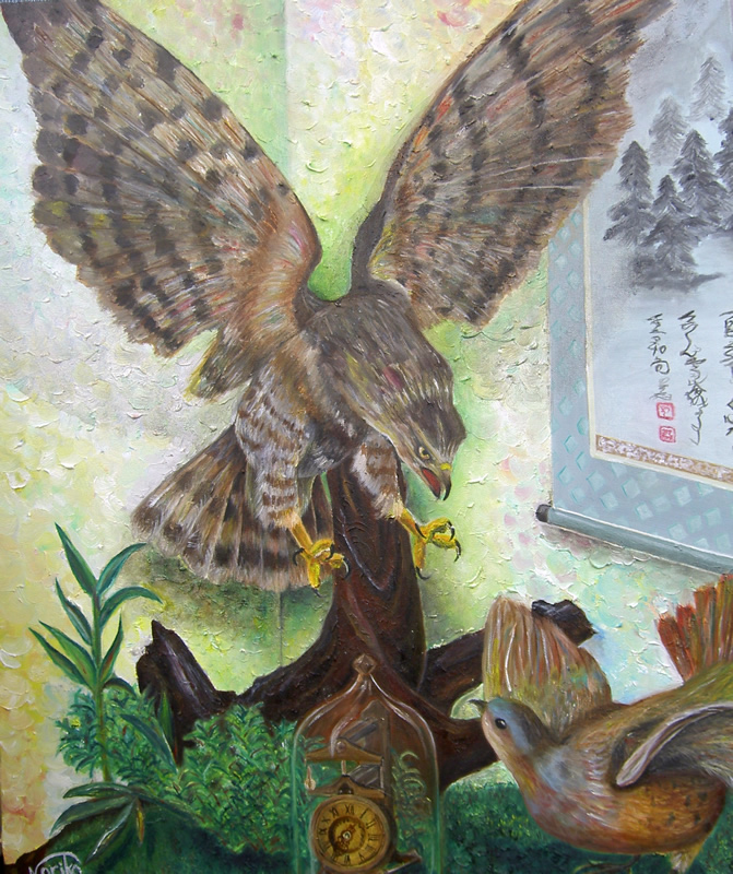 カトノリちゃんの作品　鷹の大モチーフ油彩画