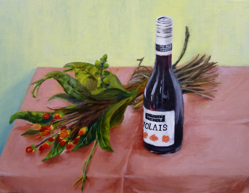 ユキちゃんの作品　ワイン瓶とヒペリカムの束の油彩画