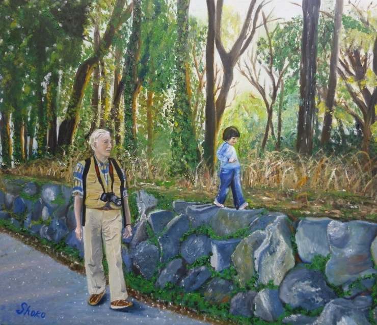 マッキーさんの人物のいる風景油彩画in谷戸山公園 F12